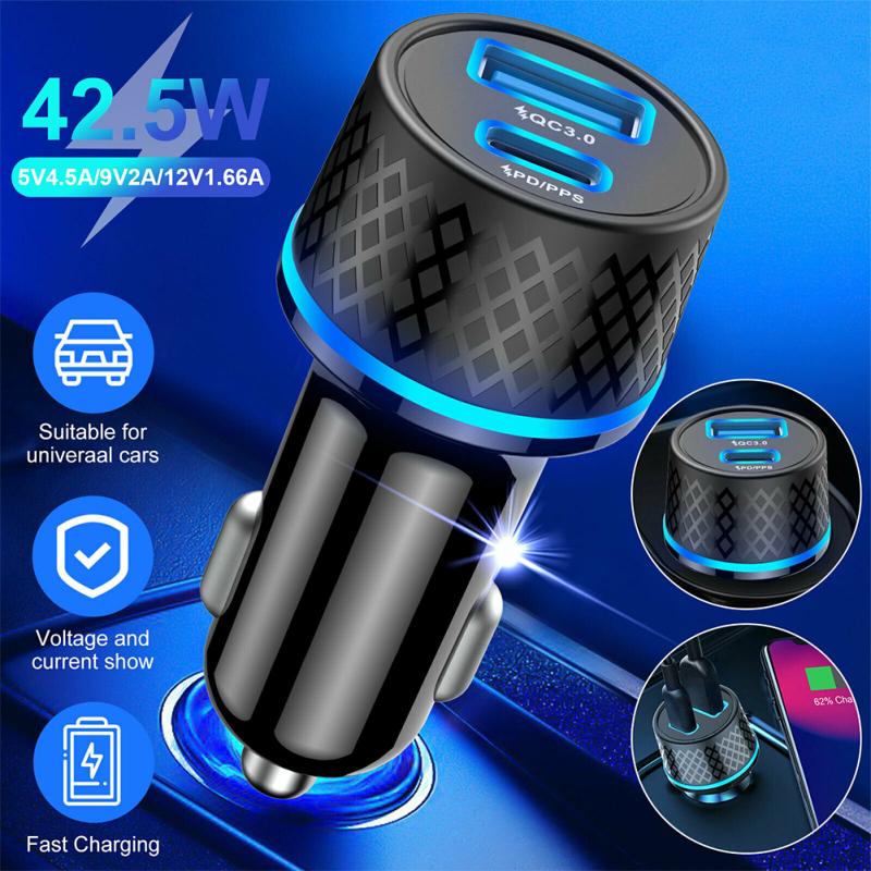 Автомобильное зарядное устройство USB Qc3.0 Двухканальное Адаптер Ультрабыстрой Зарядки Pd20w С Синим Мягким Светодиодным Индикатором Для