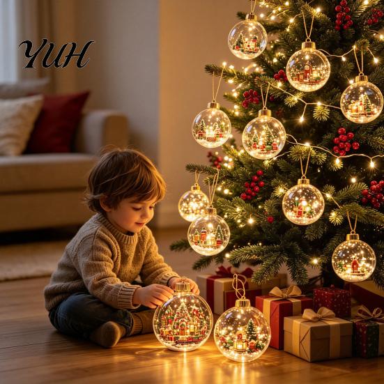 Decorative Acrylic Christmas Ornaments Tree Crystal Ball Pendant with LED Light, Built-in Christmas-themed Theme Hanging Charms Pattern Design,
