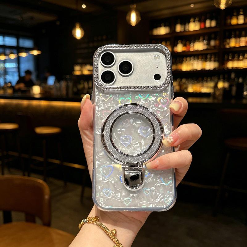 Чехол-сердечко с блестками и лазерной подставкой для iPhone 17 Pro Max Женский