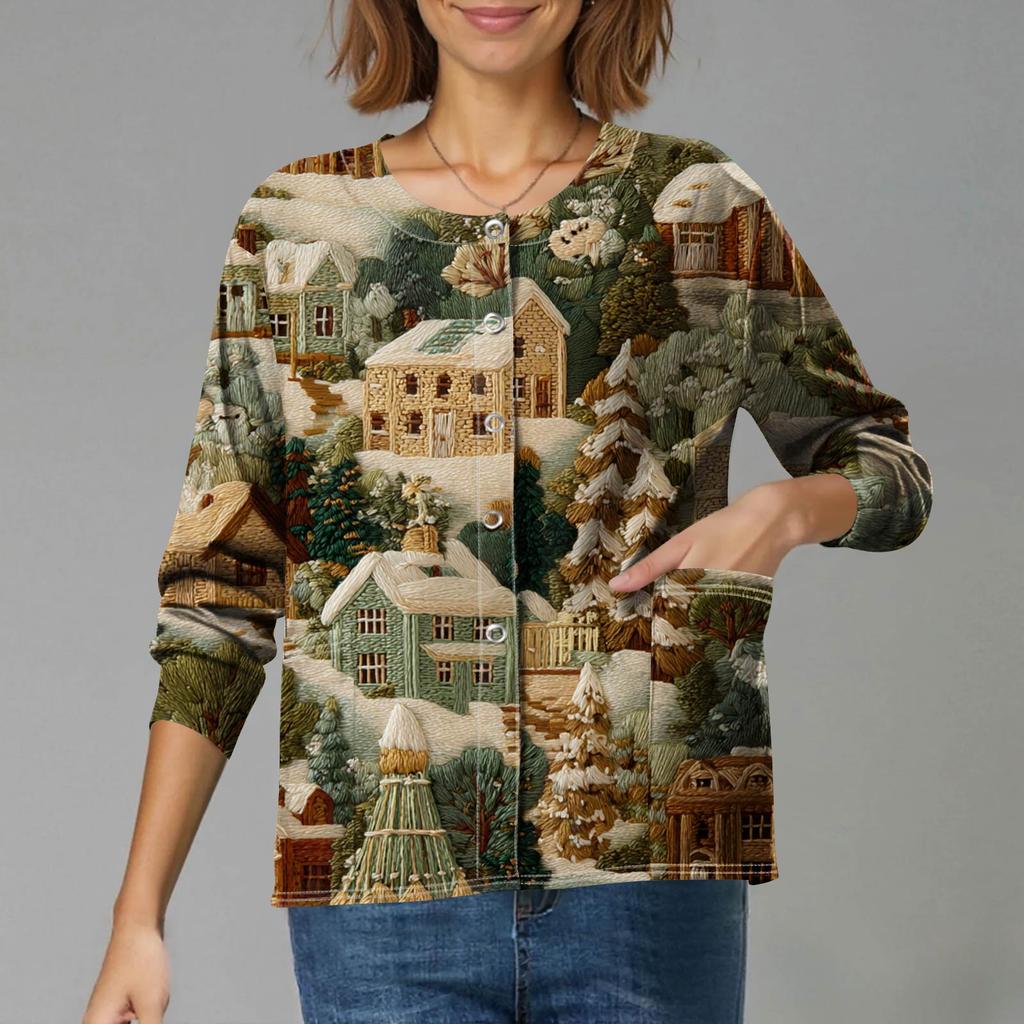 Women's Casual Long-Sleeved Single-Breasted Christmas-Themed Print Cardigan