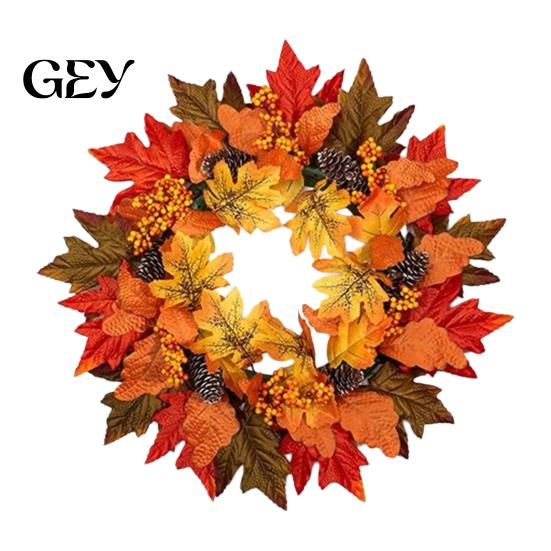 Thanksgiving Door Ornament Fall Maple Leaf Wreath for Front Door, Artificial Autumn Harvest Floral with Pinecone Berries, Wall Hanging Decorations