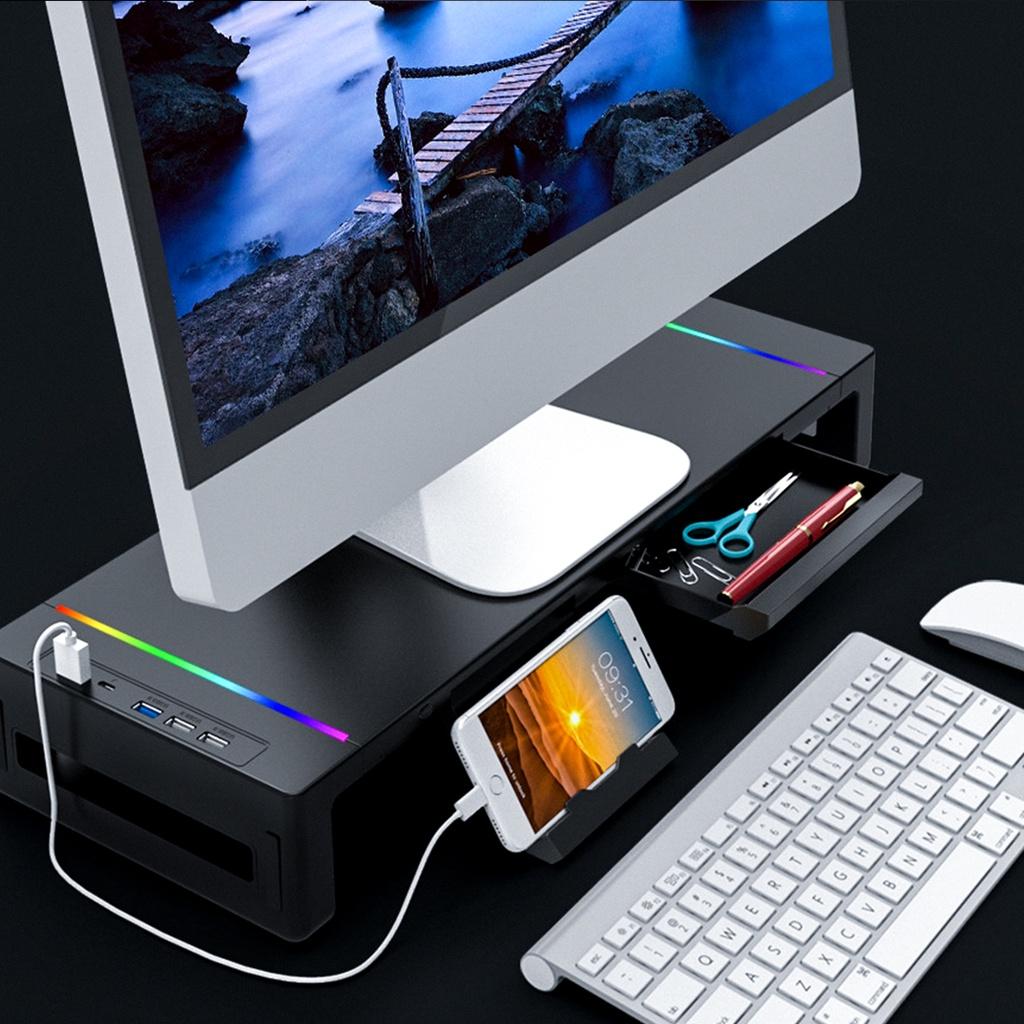 Подставка для монитора ABS RGB, стойка для стола с тремя USB3.0 клавиатурой, мышью, полкой для хранения, подставкой для экрана с ящиком для зарядного кабеля, держателем для телефона, черная
