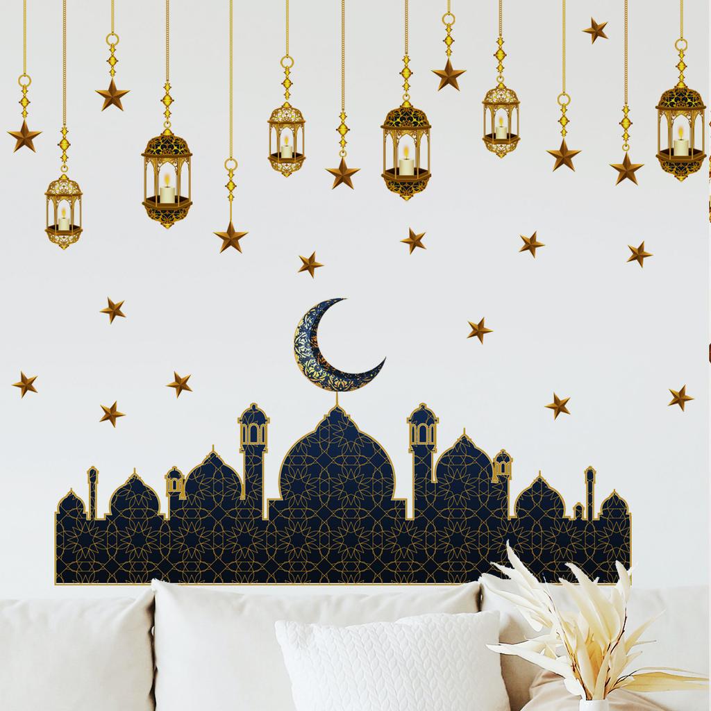 Ramadan Wall Stickers Moon Star Lantern Ornaments Wall Decals Ramadan Decoration For Home 2023 Islamic Muslim Mural Eid Mubarak