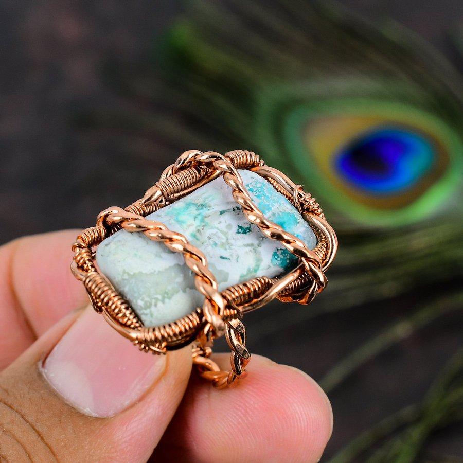 Натуральный синий арагонит, драгоценный камень, кольцо ручной работы из медной проволоки, размер 7,5, F9D88