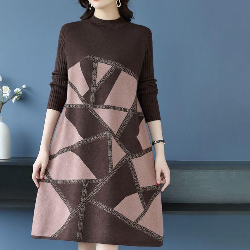 Высококачественное трикотажное платье больших размеров, осенне-зимнее платье-свитер с принтом средней длины, А-силуэт, плотное свободное платье-свитер длиной до колена