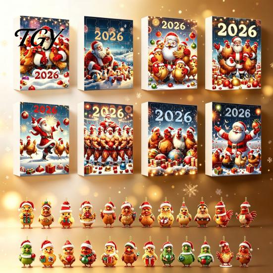 Xmas Countdown Box Chicken Advent Calendar 2026, 24 Days Christmas with 2D Flat Tree Decor Acrylic Ornament, Cartoon Hanging Pendant for Tree, Holiday