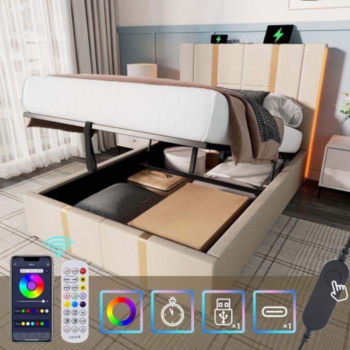 Lit rembourré - MUVOE - 90 x 200 cm - Fonction de charge USB Type C - Éclairage LED - Rangement sous le lit