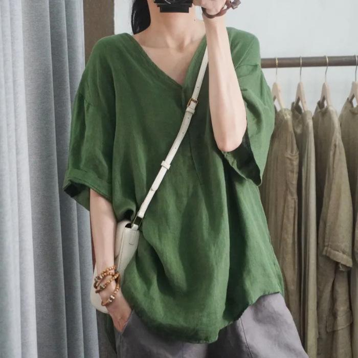 New Summer Style Half-sleeved Casual Loose Large Size Meat-covering Comfortable V-neck Top Short-sleeved T-shirt Solid Color Women's Clothing