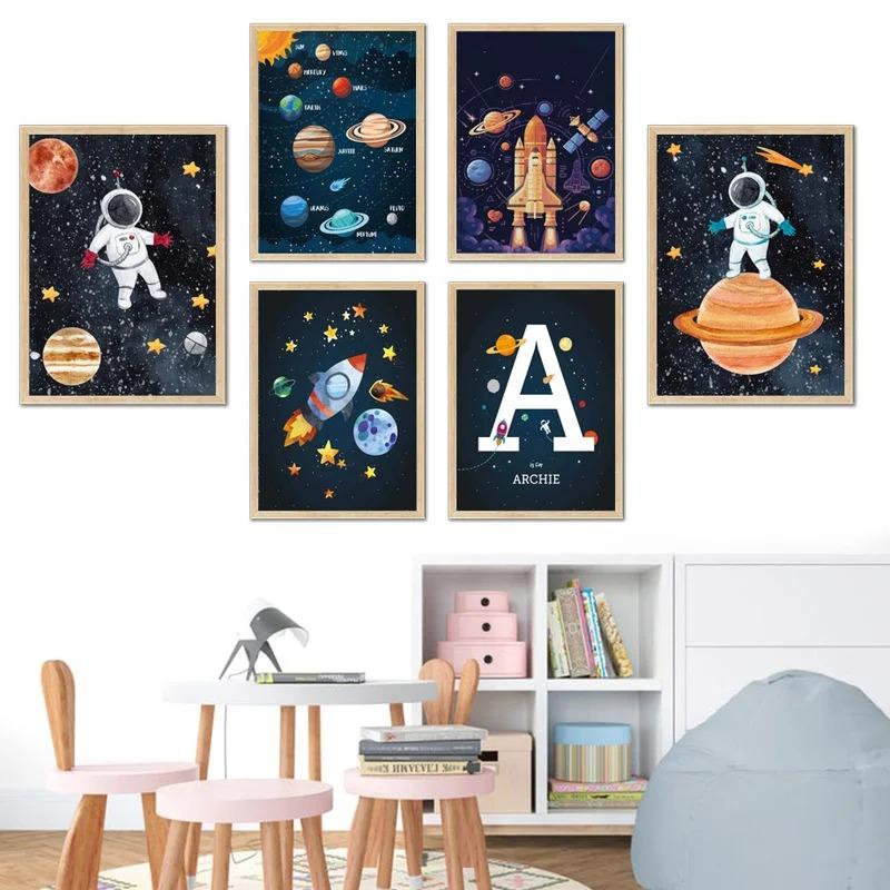 1Pcs Wall Art Canvas Painting Cartoon Astronaut Interior Paintings Living Room Home Decor Space Numbers Letters Kindergarten No Frame