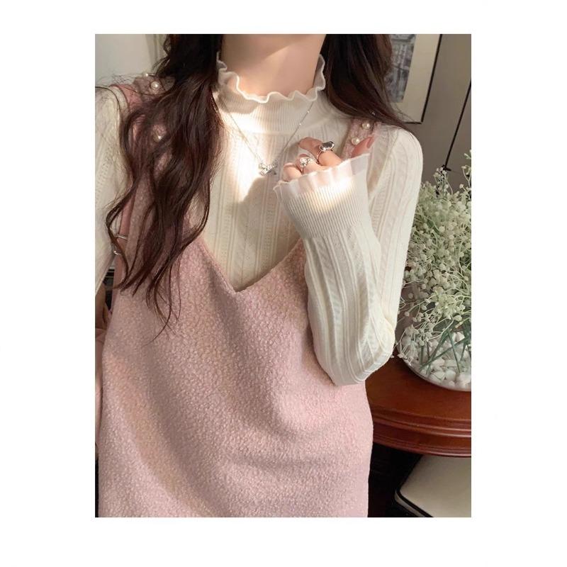 White Semi-turtleneck Fungus Edge Bottoming Shirt Women's Spring and Autumn Sweater with Long-sleeved Lace Knitted Top