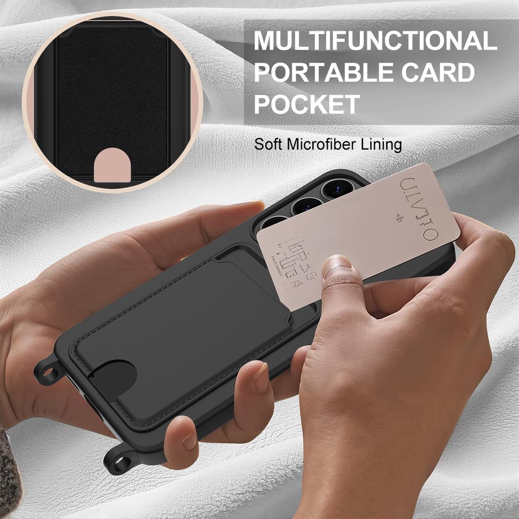 For Samsung Galaxy S24 Case Liquid Silicone Card Holder Phone Back Cover with Short Strap