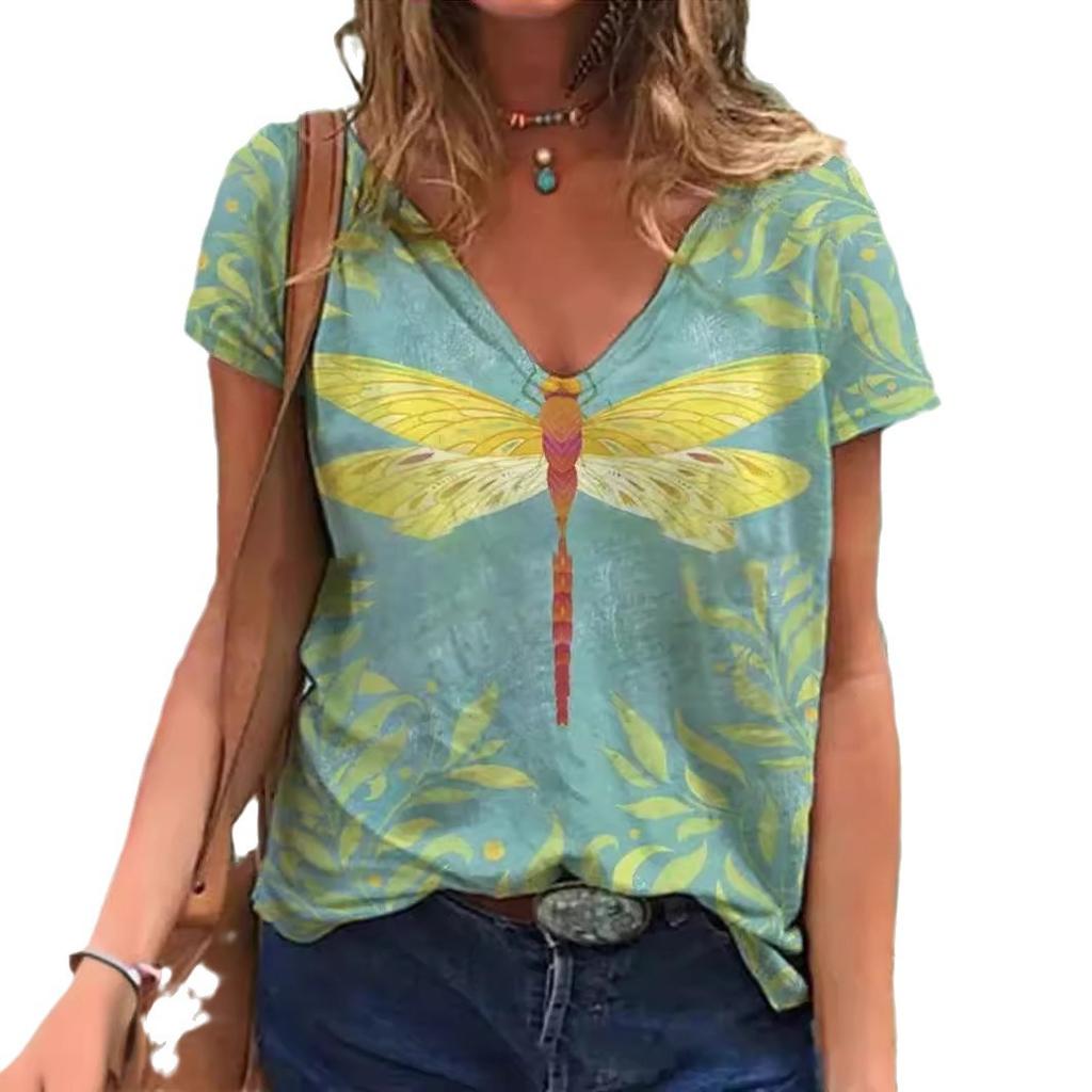 Summer Butterfly Dragonfly 3dV Neck Printed New Women's Top T-shirt