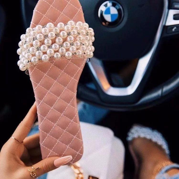 Весна и лето Новые женские жемчужные стразы женские универсальные повседневные тапочки модные однотонные туфли на плоской подошве сандалии