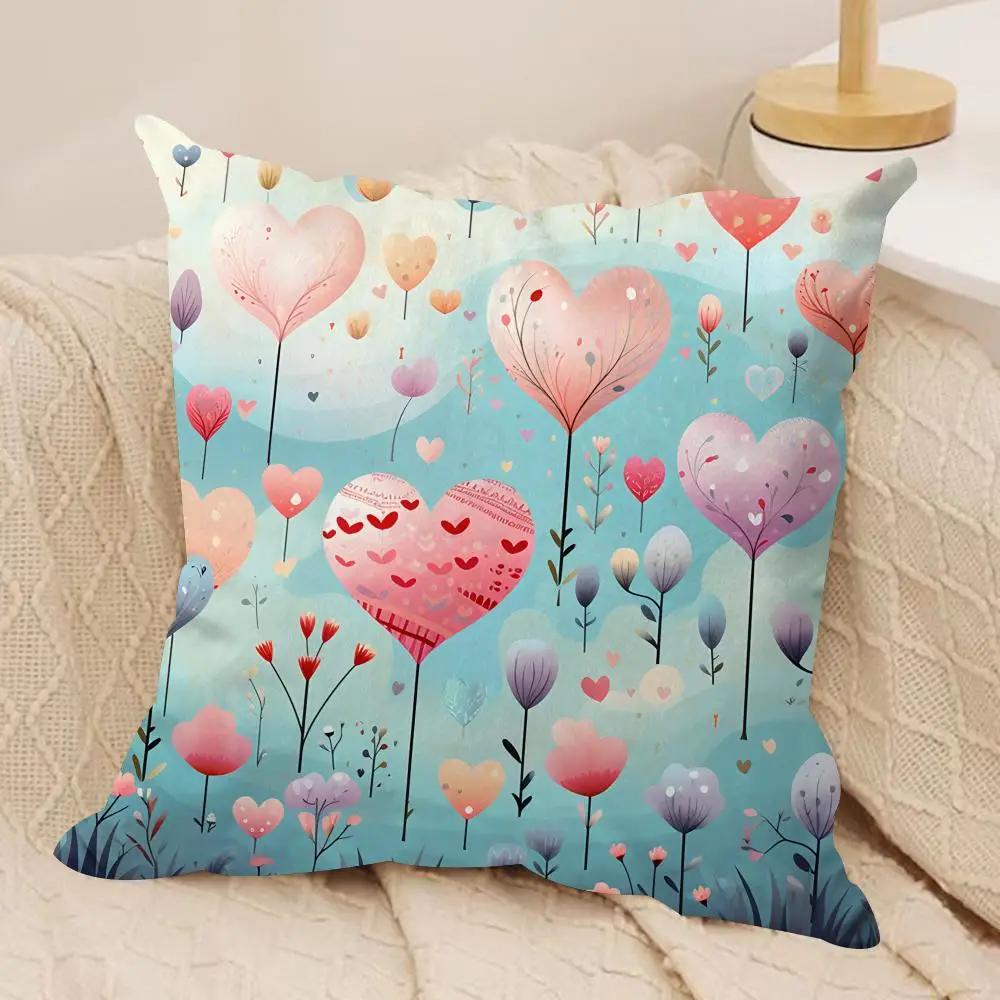 Heart Valentines Day Cushion Cover Silky Short Plush Invisible Zipper Dustproof Sofa Pillow Case for Home Decor