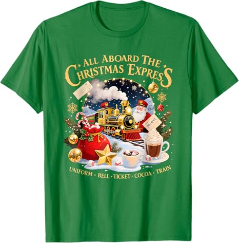 All Aboard The Christmas Express Train Santa Holiday TShirt Y2k Funny Graphic Xmas Costume Novelty Gift Short Sleeve Blouses