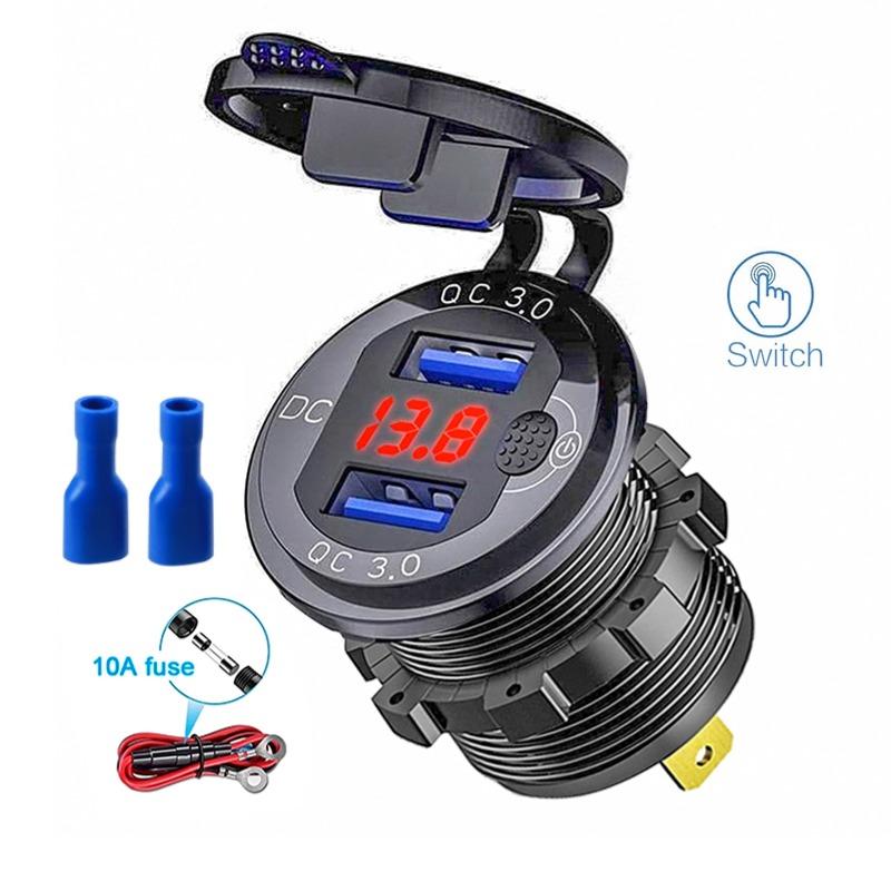 12 В/24 В, двойная USB-розетка QC3.0, автомобильное зарядное устройство, USB-разъем для прикуривателя, водонепроницаемая со светодиодным вольтметром, переключатель включения/выключения, адаптер для быстрой зарядки, автомобильные аксессуары