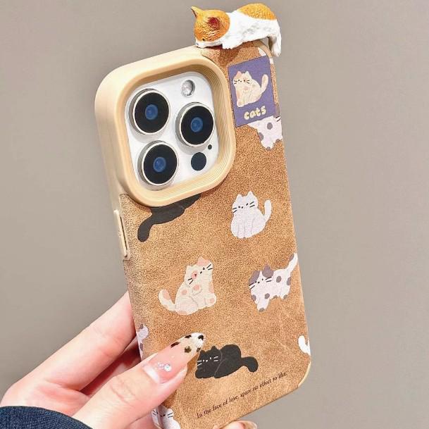 3D Leather Cat iPhone Case: Compatible with iPhone 13, 14, 15 Pro, 16 Pro Max for Autumn and Winter