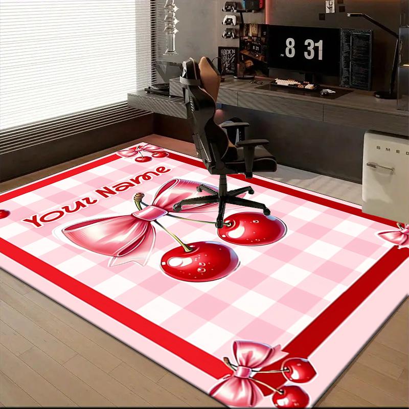 1PC Custom Name Cherries Bow Frame Theme Floor Mat Ideal for Living Room, Game Rooms, Office, Bedroom, Floor Mat Playful Design