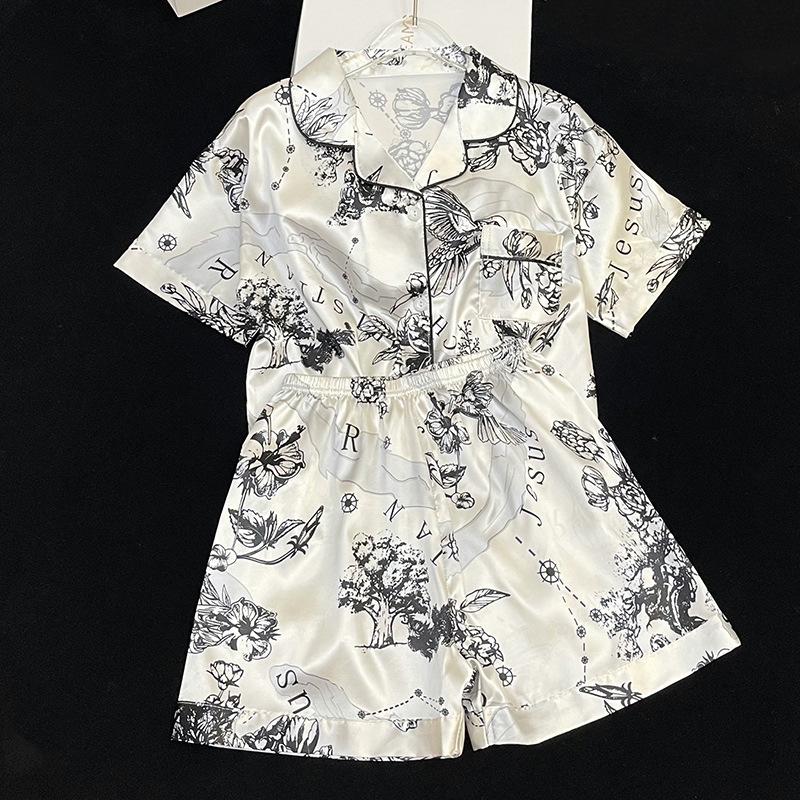 Solid Color Ice Silk Pajamas Women'S Summer Thin Foreign Style High-Value Short-Sleeved Loungewear Two-Piece Set Can Be Worn Outside