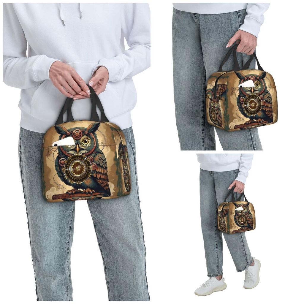Steampunk Owl With Clock And Gears Insulated Lunch Bag for Kids School Cooler Thermal Food Box Tote Lunch Boxes Container