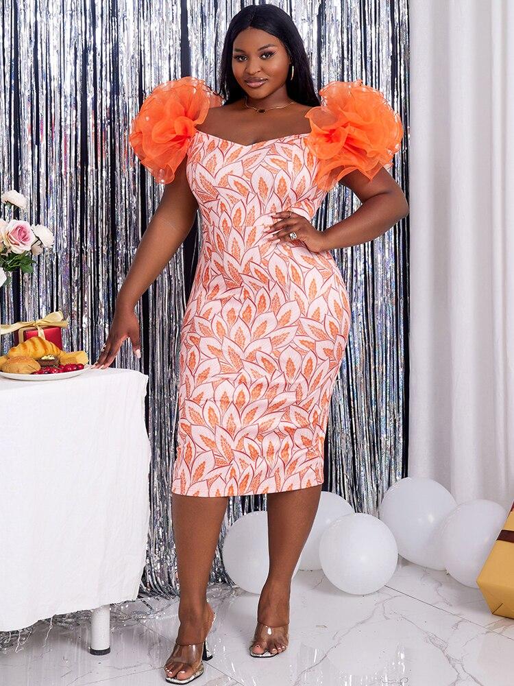 Оранжевые платья больших размеров, облегающие сетчатые рукава с высокой талией, сексуальные длинные наряды для женщин, коктейльные платья для вечеринок и клубов