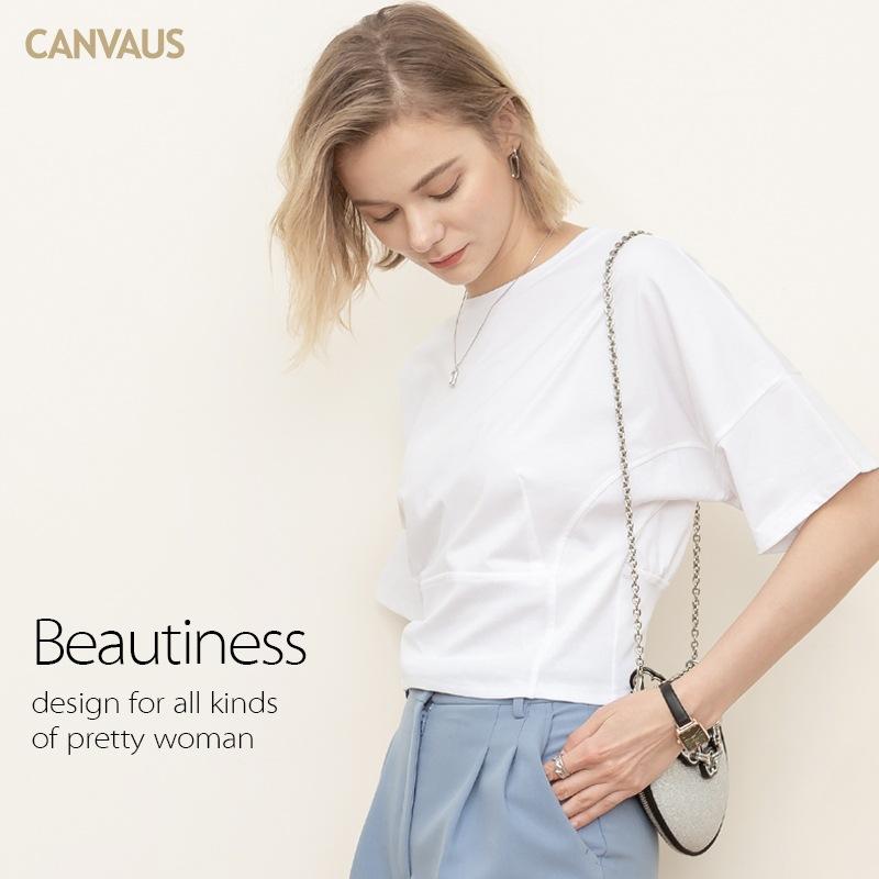 CANVAUS Свободная хлопковая футболка с круглым вырезом, женская верхняя одежда с рукавами «летучая мышь» и швами