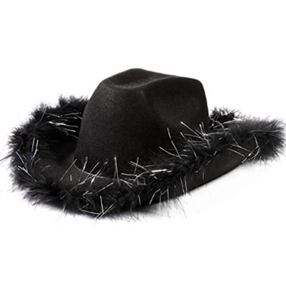 Wide Brim Jazz Hat Furry Trim Cowgirl Hat Fashion Western Cowboy Hat Costume Accessories