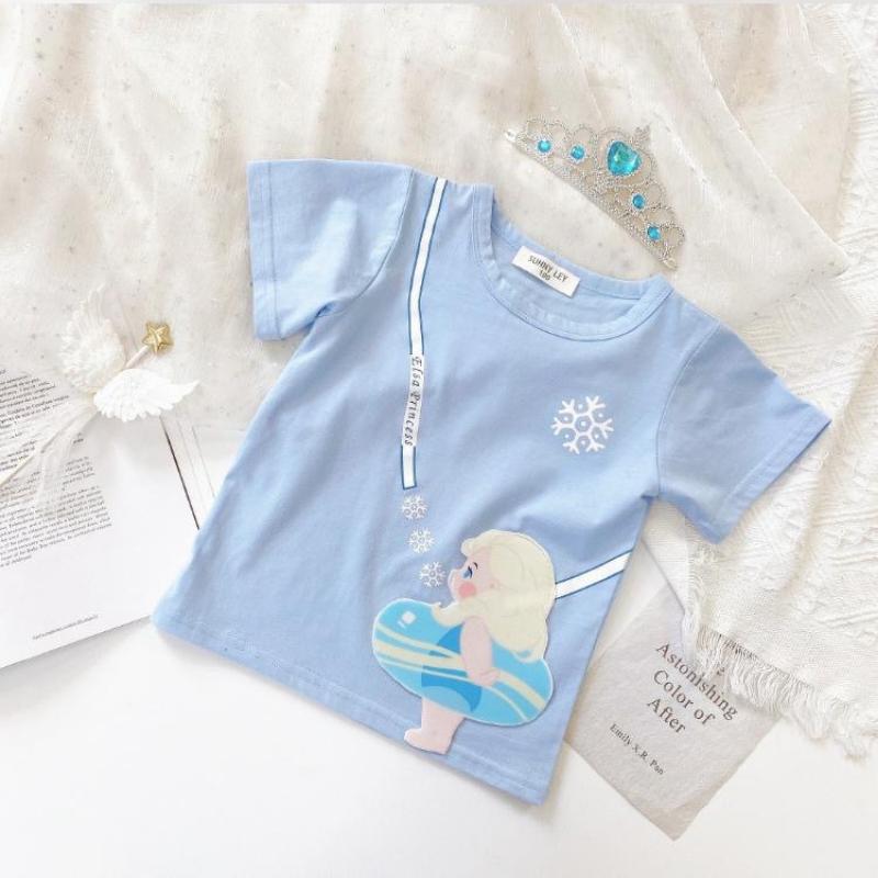 Девочки Цветная Футболка Принцесса Лето Детская Милая Мультяшный Принт Повседневная Свободная Дышащая Футболка с Коротким Рукавом и Круглым Вырезом