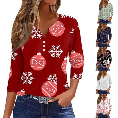 Жен. Футболка Футболка С принтом Пуговицы Рукав 3/4 Повседневные Выходные Мода Классический Классический V-образный вырез Обычный Верх