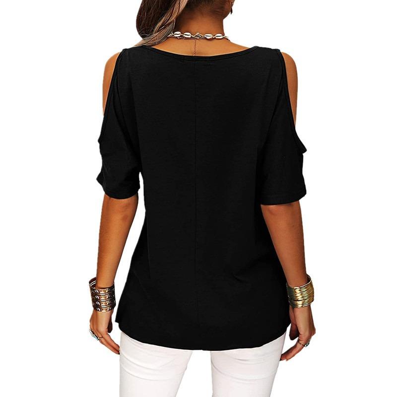 Women Casual Solid Cold Shoulder Loose Short Sleeve T Shirt