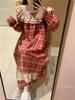 Korean-Style Red Plaid Cotton Nightgown with Lace Trim 