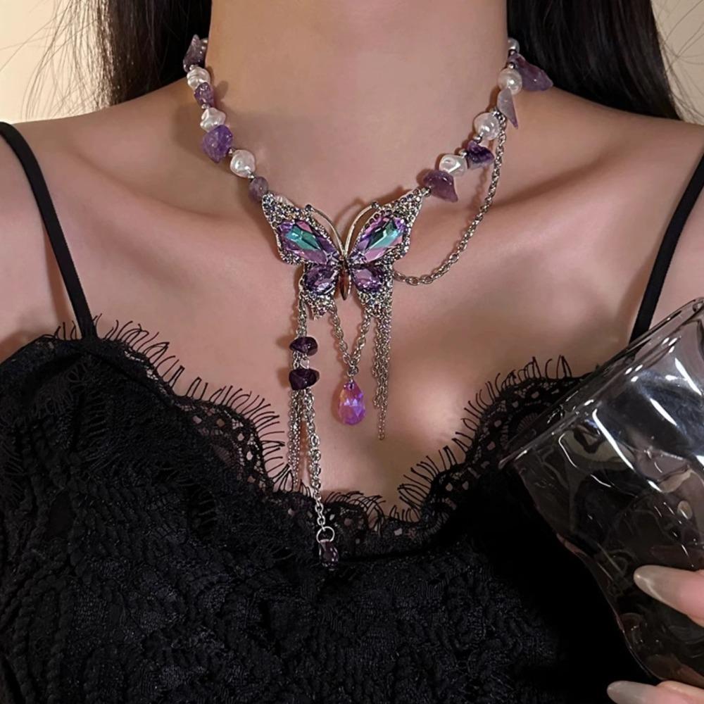 Регулируемое ожерелье-бабочка со стразами, преувеличенное женское колье-чокер с жемчугом и кристаллами для девочек
