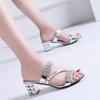 Summer  Women's Sandals and Slippers with Medium Heel Thick Heel Women's Slippers with Open Toe High Heel Rhinestones