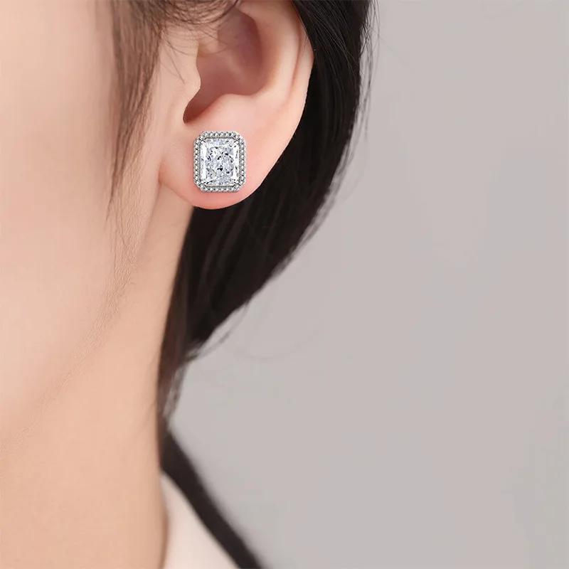 925 Sterling Silver Ice Flower Cut Rectangular Stud Earrings High Carbon Diamond Earrings Birthday Anniversary Party Gift