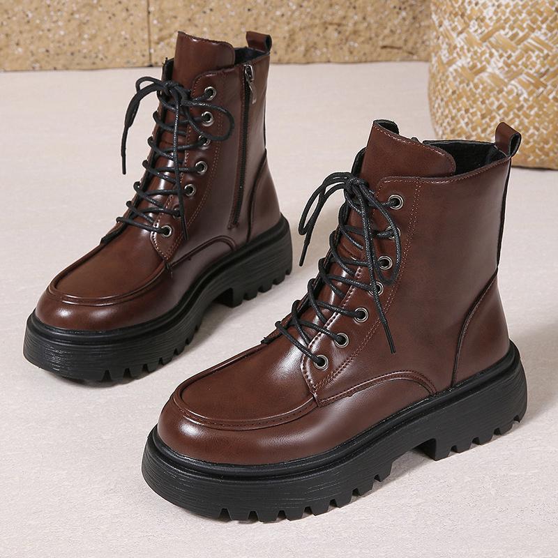 Fashion Autumn Winter Women's Platform Ankle Boots Pu Leather Lace Up Motorcycle Shoes Women Fashion Thick Sole Zipper Short Boots Woman