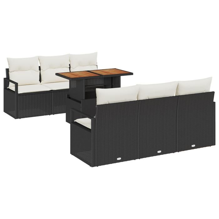 Ensemble de Canapés de Jardin de 7 Pièces avec Coussins en Rattan Poly Noir Acacia, Canapé de Jardin 2 Places avec Coussins 3349655