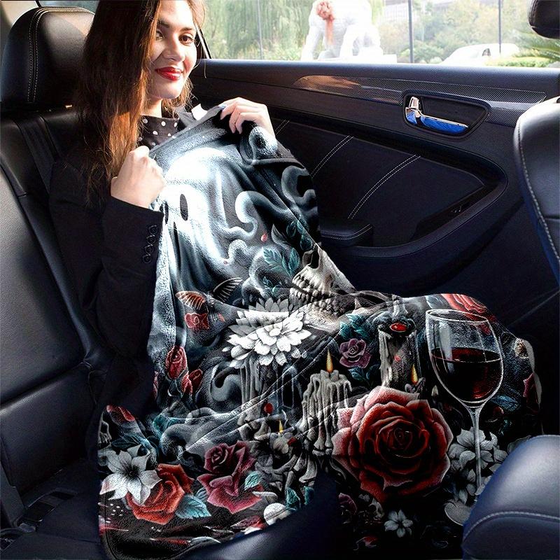 1pc Skulls Roses Candles and Wine Blanket  Soft, Warm Cozy Bedding Decor, Living Room, Travel, Camping, Car Blankets