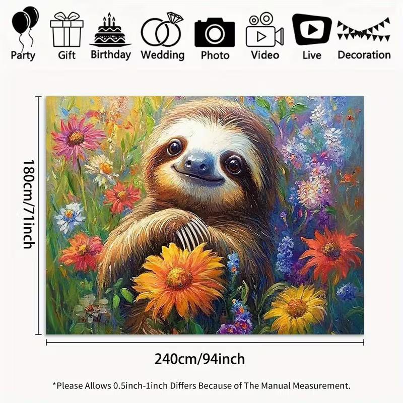 2D Cute Sloth Floral Backdrop Colorful Wildflower Photography Background Cloth