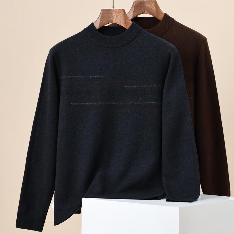 Hengyuanxiang Men's Thick Striped 100% Pure Wool Round Neck Pullover Sweater