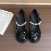 Туфли Мэри Джейн Женские 2025 Осень Новая Мода Одинарные Туфли Милый Бант Толстый Каблук Жемчуг Маленькие Кожаные Туфли