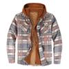 Men's Quilted Lined Button Down Plaid Shirt Add Velvet To Keep Warm Jacket With Hood