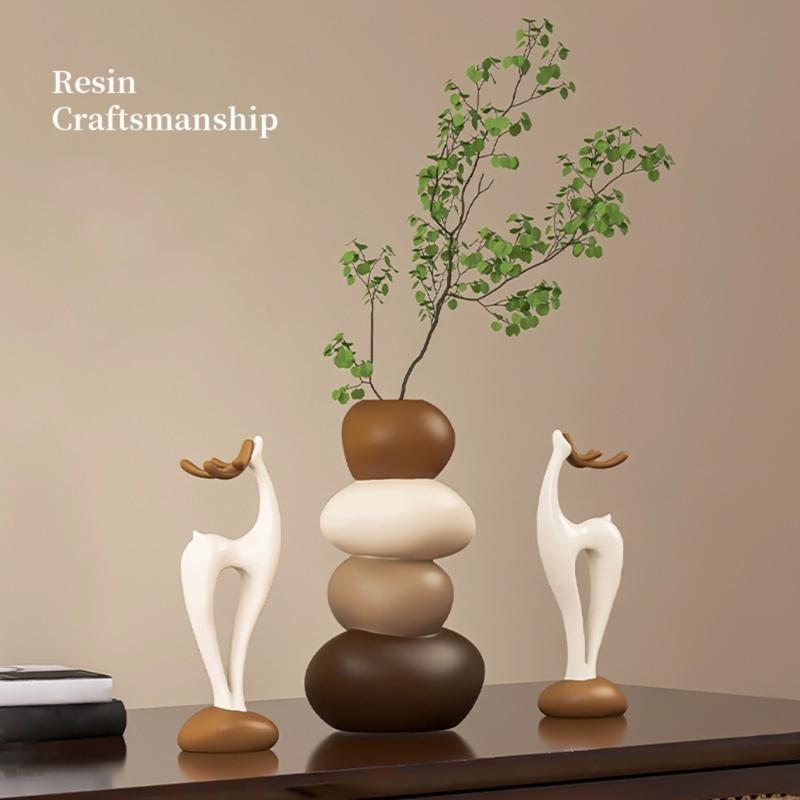Фигурки оленей из смолы с вазой для цветов, статуэтка маленького животного, скульптура, настольное украшение для декора дома, подарок на новоселье