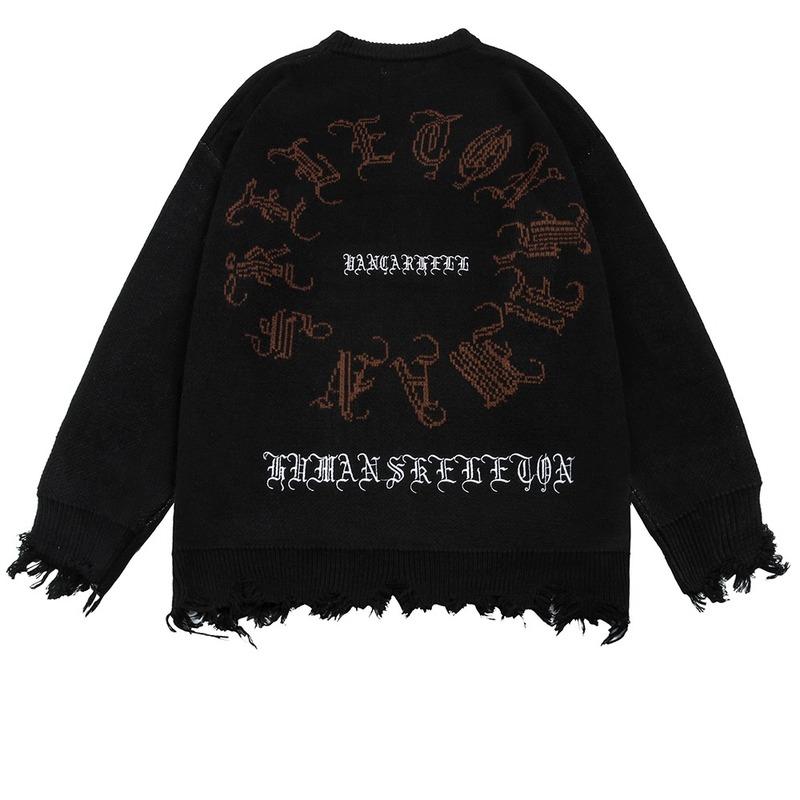 Готический женский рваный свитер с длинными рукавами в стиле хип-хоп, уличная одежда с принтом, панк, японский стиль, зимний женский вязаный свитер большого размера с круглым вырезом в стиле гранж