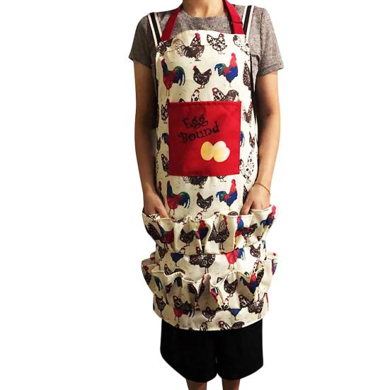 Canvas Apron with Multi-Pockets Egg Gathering Apron for Farm Home Adjustable Waist Fun Rooster Print Utility Apron for Gardening Cooking