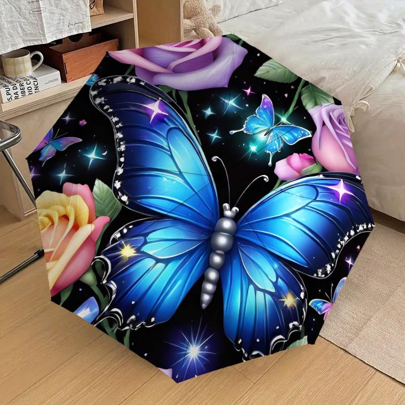 1pc Butterfly Garden with Stars and Flowers Umbrella with Plastic Handle,Suitable for All Seasons Home Travel Outdoor UmbrellaDD161