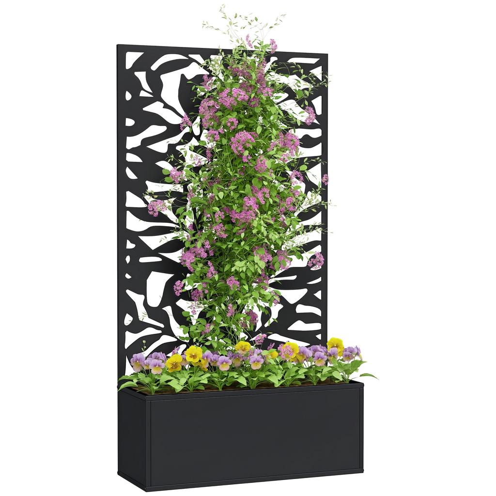Metal Garden Bed with Trellis, Wall Mounted or Freestanding Raised Planter with Privacy Panel, Black