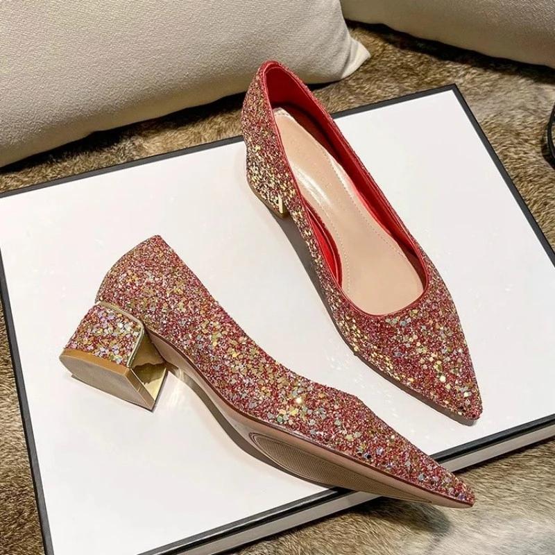 Women Pumps Sparkly Mid Heels Party Shoes for Women Sequins Glitter Heels Women Wedding Bridal High Heels Shoes Zapatos De Mujer