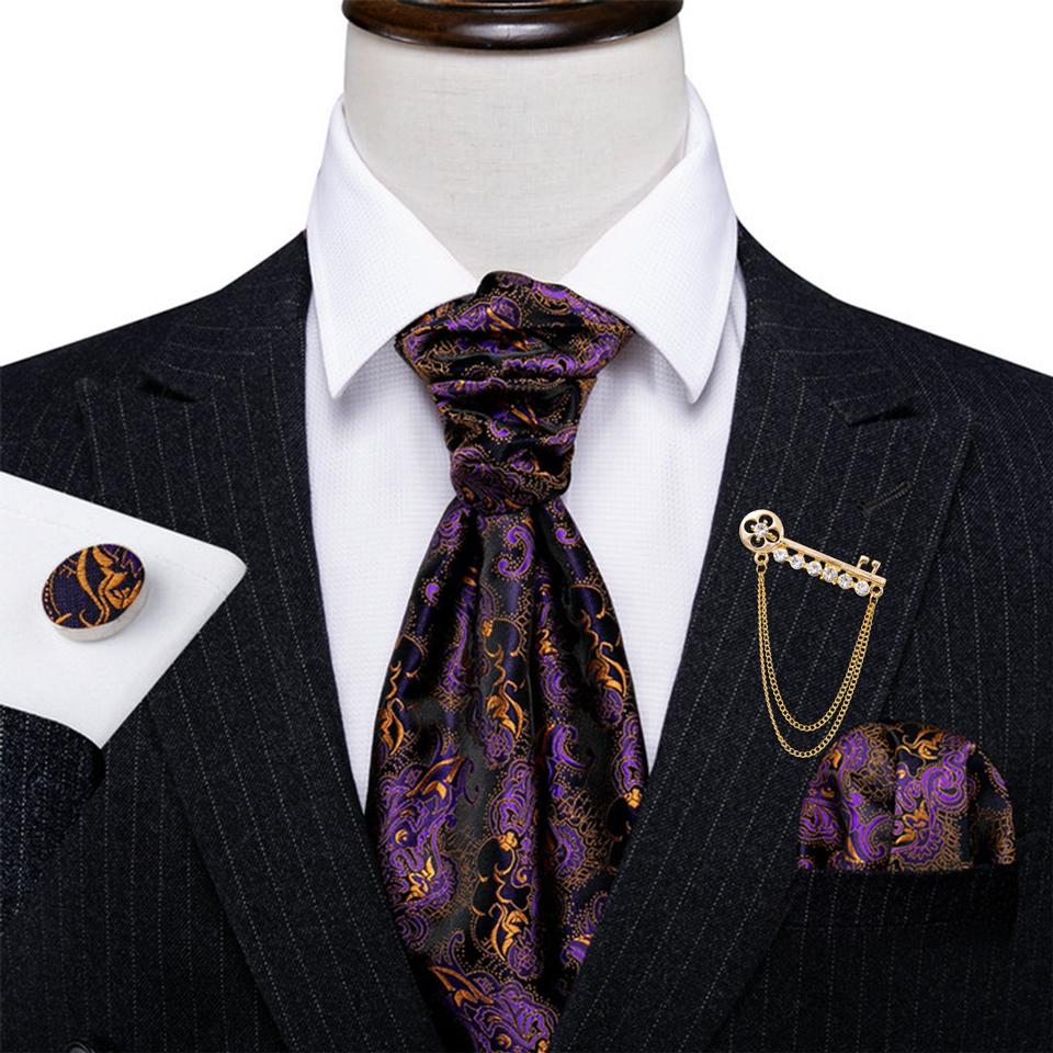 Barry.Wang Mens Ascot with Brooch Floral Jacquard Silk Cravat Tie Hanky Cufflinks Set
