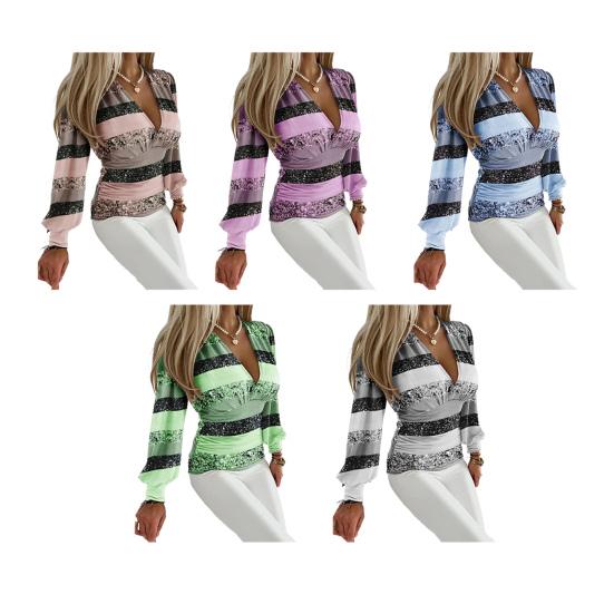 Соответствующий мягкий пуловер с длинными рукавами большого размера с V-образным вырезом и длинными глубокими рукавами в полоску и блестками, OL