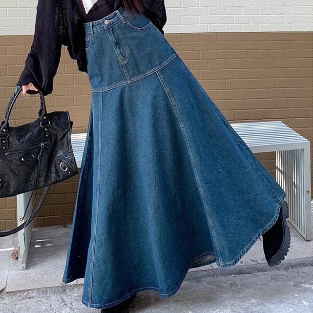 Women Denim High Waist Long Skirt Casual Patchwork A-line Maxi Skirts Elegant Autumn Winter